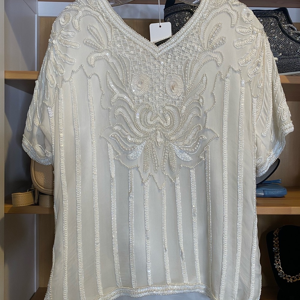 Chic White Beaded Women's Blouse